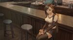  1girl bar_(place) bare_shoulders black_gloves black_hair black_thighhighs breasts brown_hair collarbone counter crop_top cup earrings elbow_gloves feet_out_of_frame final_fantasy final_fantasy_vii final_fantasy_vii_remake fingerless_gloves gloves hair_behind_ear hashtag-only_commentary highres holding holding_cup indoors jewelry large_breasts long_hair looking_at_viewer midriff nukakarubepu open_mouth red_eyes scenery single_arm_guard single_earring sitting smile solo swept_bangs tank_top thigh-highs tifa_lockhart white_tank_top 