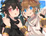  2boys :&gt; armlet black_gloves black_hair black_scarf black_shirt blue_eyes blue_sky brown_hair closed_mouth clouds cloudy_sky commentary_request dark_pit day feathered_wings fingerless_gloves gloves hair_ornament hand_on_another&#039;s_cheek hand_on_another&#039;s_chest hand_on_another&#039;s_face kid_icarus kid_icarus_uprising light_blush looking_at_viewer male_focus middle_finger multiple_boys osippo outdoors pit_(kid_icarus) red_eyes scarf shirt short_hair short_sleeves sky spiky_hair star_(symbol) tongue tongue_out white_scarf wings 