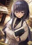  1girl black_hair blue_archive blush book brown_sweater glasses hair_between_eyes halo headband highres holding holding_book jewelry looking_at_viewer necklace open_mouth purple_ribbon ribbon skirt smile solo sweater three_quarter_view ui_(blue_archive) violet_eyes white_skirt xaiqi 