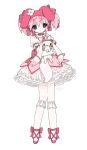 1girl animal_hat bubble_skirt choker cosplay creature dress frilled_dress frilled_sleeves frilled_socks frills full_body hat holding holding_creature kaname_madoka kaname_madoka_(magical_girl) kyubey looking_at_viewer magical_girl mahou_shoujo_madoka_magica mahou_shoujo_madoka_magica_(anime) my_melody my_melody_(cosplay) onegai_my_melody pink_choker pink_dress pink_eyes pink_footwear pink_hair pink_hat puffy_short_sleeves puffy_sleeves rabbit_hat sanrio shoes short_sleeves short_twintails sidelocks skirt socks solo twintails u_emper white_socks 