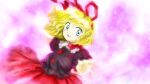  1girl :d black_shirt blonde_hair blue_eyes bow bow_choker choker hair_ribbon medicine_melancholy medinki official_style open_mouth red_bow red_choker red_ribbon red_skirt ribbon shirt short_hair short_sleeves skirt smile solo teeth touhou upper_teeth_only zun_(style) 
