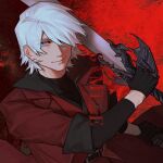  1boy alastor_(sword) bishounen blue_eyes capcom coat dante_(devil_may_cry) devil_may_cry_(series) devil_may_cry_1 gloves hair_over_one_eye highres holding looking_at_viewer red_coat smile solo sword weapon white_hair zmlskr 