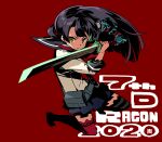  1girl 7th_dragon_(series) 7th_dragon_2020 absurdres asymmetrical_legwear black_hair brown_eyes floating_hair full_body gloves highres himukai_yuuji holding holding_sword holding_weapon katana katanako long_hair looking_at_viewer mismatched_legwear red_background red_thighhighs samurai_(7th_dragon_series) school_uniform serafuku serious single_glove skirt solo striped_clothes striped_thighhighs sword thigh-highs weapon zettai_ryouiki 