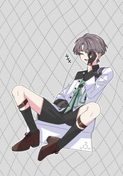  +++ 1boy ;d argyle_background black_gloves black_shorts black_socks brown_footwear chemical_structure coat full_body gloves grey_hair hand_up highres holding invisible_chair legwear_garter long_sleeves male_focus monocular one_eye_closed oxfords reverse:1999 sanjuqing&#039;an short_hair shorts sitting smile socks solo spread_legs white_coat x_(reverse:1999) 