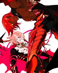  2boys absurdres ashwatthama_(fate) bad_id bad_pixiv_id dark-skinned_male dark_skin enilefilnoztlaw fate/grand_order fate_(series) highres looking_at_viewer multiple_boys muscular muscular_male redhead simple_background smile topless_male white_background white_hair yellow_eyes 