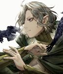  1boy animal bags_under_eyes bird black_bird black_eyes black_feathers crow dungeon_meshi elf feathers floating_hair gorget green_shirt grey_hair hands_up highres kanitama_(kktm_ankk) lazy_eye long_sleeves looking_to_the_side male_focus mithrun notched_ear pointy_ears shirt short_hair simple_background solo tunic uneven_eyes upper_body wavy_hair white_background 