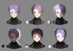  1boy absurdres black_jacket black_shirt chinese_commentary commentary_request covered_collarbone grey_background highres jacket kyoko_(akakikyoko) lighting_practice male_focus open_clothes open_jacket purple_hair red_eyes saibou_shinkyoku shirt short_hair simple_background smile theodore_riddle turtleneck turtleneck_shirt variations 
