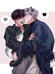  2boys animal_ears black_shirt blue_coat blush brown_hair brown_pants cat_ears cat_tail closed_eyes coat corrupted_twitter_file cowboy_shot dana_1chabl grey_hair heart highres ilay_riegrow jeong_taeui licking licking_another&#039;s_cheek licking_another&#039;s_face long_sleeves male_focus multiple_boys one_eye_closed open_mouth outline pants passion_(manhwa) shirt smile snow_leopard_ears snow_leopard_tail spoken_heart tail white_outline 