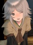  1other :3 androgynous ascot black_sleeves brown_ascot brown_coat coat gas_wf grey_eyes grey_hair hashtag-only_commentary highres houlen_yabusame layered_sleeves len&#039;en long_sleeves looking_at_viewer lower_teeth_only one_eye_closed open_mouth other_focus puffy_short_sleeves puffy_sleeves short_hair_with_long_locks short_over_long_sleeves short_sleeves solo teeth 