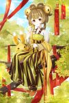  1girl bell brown_hair chinese_clothes closed_mouth clouds day full_body hair_bell hair_ornament hanfu highres holding jingle_bell long_sleeves looking_at_viewer outdoors qixiong_ruqun rabbit red_eyes ruqun sitting sky smile solo tree tuanshan wide_sleeves yaoyao_(genshin_impact) 