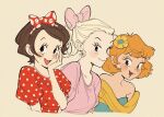  3girls blonde_hair blue_dress blush_stickers bow bow_hairband brown_hair clarice_(disney) daisy_duck disney dress eyelashes flower green_eyes hair_bow hair_flower hair_ornament hairband hand_on_own_face highres humanization long_eyelashes looking_at_viewer minnie_mouse multiple_girls open_mouth orange_hair pink_bow pink_shirt polka_dot polka_dot_bow polka_dot_dress puffy_short_sleeves puffy_sleeves red_dress scarf shirt short_hair short_sleeves smile uochandayo white_background yellow_flower yellow_scarf 