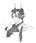  +_+ 1boy 1other arknights arm_up bird bird_on_hand chong_yue_(alighting)_(arknights) chong_yue_(arknights) commentary_request doctor_(arknights) dragon_boy dragon_horns earrings greyscale grin hair_over_shoulder hand_up highres horns jewelry korean_commentary long_hair low_ponytail mamara_tang monochrome multicolored_hair pointy_ears red_eyes sidelocks smile solo streaked_hair white_hair 