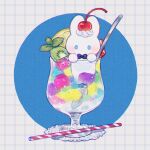 black_bow black_bowtie bow bowtie bubble cherry circle commentary conago cup drinking_glass drinking_straw food food_focus fruit grey_background grid_background kiwi_(fruit) kiwi_slice lemon lemon_slice no_humans original oversized_food oversized_object rabbit simple_background spoon symbol-only_commentary traditional_bowtie whipped_cream wine_glass 