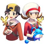  1boy 1girl :d backwards_hat black_eyes black_hair blue_overalls brown_eyes brown_hair cabbie_hat closed_mouth ethan_(pokemon) hat holding holding_poke_ball holding_pokemon hosimati_yukari long_sleeves looking_at_viewer lyra_(pokemon) marill on_shoulder open_mouth overalls pichu poke_ball poke_ball_(basic) pokemon pokemon_(creature) pokemon_hgss pokemon_on_shoulder red_shirt shirt smile spiky-eared_pichu twintails upper_body white_hat 