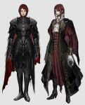  1girl absurdres armor ascot black_cape black_coat black_footwear bloodborne boots cape closed_mouth coat commentary elden_ring english_commentary gauntlets gloves greaves hanneli_(hanny) hanny_(uirusu_chan) high_heel_boots high_heels highres hunter_(bloodborne) multiple_views open_clothes open_coat red_cape redhead shoulder_armor simple_background tarnished_(elden_ring) two-sided_cape two-sided_fabric two-tone_cape white_ascot white_background white_gloves 