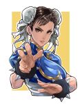  1girl bracelet chinese_clothes chun-li double_bun earrings fighting_stance from_side hair_bun hair_ribbon high_collar highres jewelry pearl_earrings ribbon shadow simple_background spiked_bracelet spikes street_fighter to-ru 