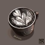  artist_logo black_theme coffee coffee_mug cup food food_focus grey_background highres latte_art mug no_humans original yuki00yo 