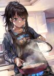  1girl apron black_hair blue_fire brown_apron collarbone cooking dumpling fire food frying_pan grey_sweater highres holding holding_frying_pan holding_lid idolmaster idolmaster_shiny_colors indoors jiaozi kazano_hiori kitchen long_sleeves mole mole_under_mouth otsudou solo steam sweater tokyo_sports violet_eyes 