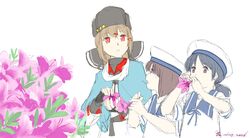  black_gloves black_hair blue_sailor_collar brown_eyes brown_hair commentary_request daitou_(kancolle) dated dress fingerless_gloves flower fur_hat gloves hair_ornament hairclip hat hiburi_(kancolle) holding holding_flower honda_yoshinobu kantai_collection multiple_girls papakha pink_flower ponytail red_eyes sailor_collar sailor_dress scarf shawl signature simple_background tashkent_(kancolle) white_background white_dress white_scarf 