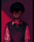  1boy antenna_hair arms_at_sides black_hair black_sweater_vest blood blood_on_face blood_on_neck collared_shirt commentary english_commentary hair_behind_ear hair_between_eyes highres looking_at_viewer male_focus no_mouth no_nose no_pupils official_alternate_eye_color omori pillarboxed red_background red_eyes red_theme shionty shirt short_hair short_sleeves simple_background solo spoilers sunny_(omori) sweater_vest upper_body white_shirt 