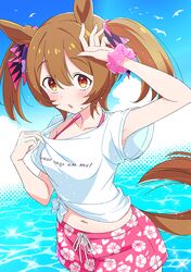  1girl alternate_costume animal_ears armpits blush bra breasts brown_eyes brown_hair collarbone commentary gaze_on_me!_outfit_(umamusume) hair_ornament highres horse_ears horse_girl kamuraaa_615 looking_at_viewer navel ocean open_mouth ribbon shorts sky small_breasts smart_falcon_(umamusume) twintails umamusume underwear wet 