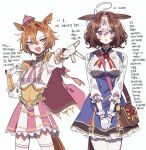  2girls 3j_dangan :d @_@ ahoge animal_ears armor bag between_breasts blue_dress blush breasts brown_hair cape chain crown dress ear_ornament ear_piercing ear_ribbon ears_down fingerless_gloves flower frilled_shirt frills furrowed_brow gloves gold_chain hair_between_eyes hairband highres horse_ears horse_girl horse_tail jewelry korean_text large_breasts medium_hair meisho_doto_(umamusume) mini_crown multicolored_clothes multicolored_dress multicolored_hair multiple_girls multiple_rings neck_ribbon open_mouth orange_hair orange_tail outstretched_arm own_hands_together pauldrons piercing pink_cape pink_hairband pink_skirt reaching red_flower red_rose ribbed_shirt ribbon ring rose shirt short_hair shoulder_armor shoulder_bag shoulder_pads skirt smile standing strap_between_breasts t.m._opera_o_(umamusume) tail translation_request triangle_mouth two-tone_hair umamusume v-shaped_eyebrows vambraces violet_eyes white_background white_gloves white_hair white_shirt 