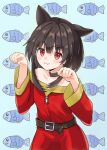  1girl :3 animal_ears bare_shoulders belt black_choker black_hair blue_background cat_ears cat_girl choker closed_mouth cowboy_shot dress fangs fish fish_background highres kono_subarashii_sekai_ni_shukufuku_wo! light_blush long_hair looking_at_viewer megumin paw_pose red_dress red_eyes seiya_yuu sleeves_past_elbows solo wide_sleeves 