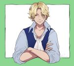  1boy ascot blonde_hair blue_shirt blue_vest border closed_eyes closed_mouth commentary_request cropped_torso crossed_arms green_border kafuyutns male_focus one_piece sabo_(one_piece) shirt short_hair smile solo twitter_username vest white_ascot white_background 