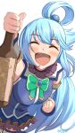  1girl aqua_(konosuba) bare_shoulders blue_eyes blue_footwear blue_hair blue_shirt blue_skirt blue_thighhighs blush boots bottle bow bowtie breasts closed_eyes detached_sleeves green_bow green_bowtie hair_between_eyes hair_ornament hair_rings highres holding holding_bottle kono_subarashii_sekai_ni_shukufuku_wo! long_hair looking_at_viewer mike81277424 open_mouth shirt simple_background single_hair_ring skirt smile smiley_face solo thigh-highs thigh_boots very_long_hair watermark wine_bottle 