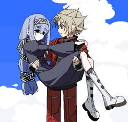  ++_(9oafxjjhuktkdef) 1boy 1girl arms_around_neck black_dress black_shirt black_socks blonde_hair blue_eyes blue_hair blue_sky boots breasts carrying closed_mouth clouds coud_van_giruet day dot_mouth dress elemental_gelade expressionless eye_contact feet_out_of_frame fingerless_gloves gloves green_eyes grey_gloves half-closed_eyes highres jacket juliet_sleeves knee_boots kneehighs long_hair long_legs long_sleeves looking_at_another looking_to_the_side low-tied_long_hair medium_breasts outdoors pants pixel_art princess_carry puffy_sleeves red_jacket red_pants reverie_metherlence shirt short_hair sidelocks sky smile socks spiky_hair standing turtleneck turtleneck_shirt white_footwear wide_sleeves 