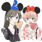  2girls black_hair black_shirt blue_eyes candy closed_mouth commentary_request food hand_up highres holding holding_candy holding_food holding_lollipop jewelry koito_yuu lollipop long_hair mickey_mouse_ears minnie_mouse_ears multiple_girls nanami_touko necklace nyamo open_mouth orange_hair shirt short_sleeves short_twintails simple_background smile twintails upper_body white_background white_shirt yagate_kimi_ni_naru yellow_eyes 