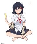  1girl absurdres barefoot black_hair collared_shirt dated food highres holding holding_food holding_own_foot holding_popsicle hot indian_style kill_la_kill matoi_ryuuko multicolored_hair off_shoulder popsicle redhead school_uniform shirt short_hair sitting small_sweatdrop solo sun_symbol sweat takatisakana two-tone_hair white_shirt 