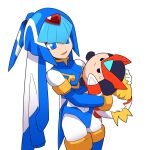  1girl armor blue_armor blue_eyes blue_footwear blue_helmet bodysuit boots cowboy_shot fairy_leviathan_(mega_man) fins forehead_jewel head_fins highres holding holding_stuffed_toy mega_man_(series) mega_man_zero_(series) omeehayo parted_lips simple_background smile solo stuffed_toy thigh_boots white_background white_bodysuit zero(z)_(mega_man) zero_(mega_man) 