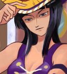  1girl absurdres armlet artist_name black_hair blue_eyes close-up commentary cross-laced_clothes cross-laced_top erza_briefs hat highres holding holding_clothes holding_hat light_smile looking_down medium_hair nico_robin one_piece purple_shirt shirt sleeveless solo straw_hat upper_body 