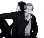  2boys aged_down black_hair black_suit cigarette glasses grey_hair highres holding holding_cigarette jacket multiple_boys nagumo_(sakamoto_days) neck_tattoo open_clothes open_jacket rokuen_skd sakamoto_days sakamoto_taro smoking suit tattoo white_background 