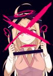  1girl 4_(nakajima4423) ahoge akamatsu_kaede backpack bag black_background blonde_hair breasts brown_necktie cartoon_wings closed_mouth collared_shirt commentary_request danganronpa_(series) danganronpa_v3:_killing_harmony eyelashes hair_ornament halo highres holding_frame iei large_breasts light_blush long_hair long_sleeves looking_at_viewer musical_note musical_note_hair_ornament necktie pink_vest shirt simple_background smile solo spoilers straight-on upper_body v-neck vest violet_eyes white_bag white_shirt 