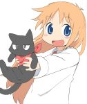  1girl :d absurdres animal antenna_hair cat child highres holding holding_animal holding_cat light_blush looking_to_the_side necktie nichijou no_nose outstretched_arms professor_shinonome raised_eyebrows sakamoto_(nichijou) simple_background smile solo tareme thematy two-handed upper_body white_background wind 