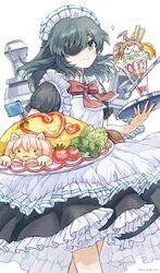  1girl alternate_costume apron black_dress blue_eyes bow bowtie broccoli cup dress enmaided eyepatch food frilled_apron frilled_dress frills green_hair hair_between_eyes heart highres holding holding_plate holding_tray ice_cream kantai_collection kiso_(kancolle) maid maid_headdress narukan omelet omurice plate red_bow red_bowtie rigging short_sleeves sparkle spoon sundae tama_(kancolle) tomato tray white_apron 