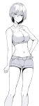  1girl absurdres agamemega arms_at_sides belt blush breasts buttons collared_shirt cropped_shirt hair_between_eyes highres looking_at_viewer monochrome navel original shirt short_hair short_shorts short_sleeves shorts simple_background smile solo stomach thighs white_background 