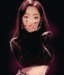  1girl animification black_shirt brown_hair brown_nails crop_top earrings english_commentary hands_on_own_face highres irene_(red_velvet) jewelry k-pop long_hair long_sleeves looking_at_viewer moonmistix real_life red_velvet_(group) shirt solo upper_body 