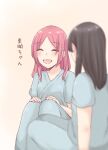  2girls :d ^_^ aged_down arm_at_side assault_lily black_hair blurry blurry_foreground blush closed_eyes commentary_request facing_another feet_out_of_frame gradient_background hands_on_own_knee hands_up hospital_gown knees_up long_hair lower_teeth_only mizunoe_no_hana multiple_girls nigari_(ngari_0115) open_mouth orange_background parted_bangs redhead shiba_tomoshibi short_sleeves sitting smile teeth translated 