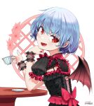  1girl alternate_costume artist_name bat_wings black_dress blue_hair blush bow cup dress fang flower from_side hand_on_own_chin highres holding holding_cup light_blush looking_at_viewer no_headwear open_mouth puffy_short_sleeves puffy_sleeves red_bow red_eyes red_nails red_wings remilia_scarlet short_hair short_sleeves simple_background sitting solo table touhou vrabius wings wrist_cuffs 