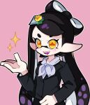  1girl arm_up black_hair bow-shaped_hair callie_(splatoon) closed_mouth commentary highres inkling long_hair mole mole_under_eye official_alternate_costume p_u_da_yo pink_background pointy_ears short_eyebrows simple_background smile solo sparkle splatoon_(series) splatoon_3 star-shaped_pupils star_(symbol) symbol-shaped_pupils teeth tentacle_hair thick_eyebrows upper_body yellow_pupils 