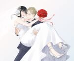  1boy 1girl bare_arms bare_shoulders black_hair blonde_hair blunt_bangs blush bouquet bow bowtie breasts carrying closed_eyes closed_mouth commentary_request couple dress earrings facing_another flower gold_earrings gradient_background high_heels holding holding_bouquet husband_and_wife jacket jewelry large_breasts long_hair looking_at_another nako_(5a64_sf) open_mouth pants princess_carry red_flower ring shirt short_hair sidelocks smile spy_x_family strapless strapless_dress suit twilight_(spy_x_family) wedding_dress wedding_ring white_dress white_footwear white_shirt yor_briar 