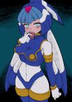  1girl absurdres android armor blue_armor blue_background blue_eyes blue_footwear blue_helmet blue_sleeves bodystocking bodysuit boots breasts buzzlyears commentary covered_navel crop_top crotch_plate detached_sleeves fairy_leviathan_(mega_man) forehead_jewel helmet highres looking_to_the_side medium_breasts mega_man_(series) mega_man_zero_(series) saliva sharp_teeth solo sweat teeth thigh_boots tongue tongue_out upper_body vest white_bodysuit 