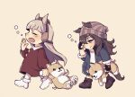  2girls animal_ears beanie black_jacket blush boots brown_background brown_dress brown_footwear brown_hair brown_hat chibi closed_mouth collared_dress commentary_request cross-laced_footwear dress ear_covers ears_through_headwear fur-trimmed_sleeves fur_trim gold_ship_(umamusume) grey_hair grey_hat hair_between_eyes hat holding holding_stuffed_toy horse_ears horse_girl horse_tail jacket lace-up_boots long_hair long_sleeves mini_hat multiple_girls nakayama_festa_(umamusume) namuko open_clothes open_jacket open_mouth pantyhose puffy_long_sleeves puffy_sleeves rubbing_eyes shirt simple_background stuffed_animal stuffed_dog stuffed_toy tail tears umamusume very_long_hair violet_eyes walking white_footwear white_pantyhose white_shirt yawning 