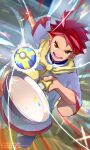  1boy absurdres buttons commentary_request crispin_(pokemon) frying_pan gloves highres holding holding_frying_pan jacket male_focus neckerchief open_mouth p_0_a partially_fingerless_gloves poke_ball pokemon pokemon_sv quick_ball red_gloves red_pupils redhead short_hair shorts single_glove solo standing teeth white_jacket yellow_eyes yellow_neckerchief 