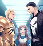  1girl 2boys armor artistic_error black_hair blonde_hair blue_gloves blush bow breasts brown_hair commission crossover dynamitenatalia extra_digits fate/grand_order fate_(series) forehead gilgamesh_(fate) gloves highres leonardo_da_vinci_(fate) leonardo_da_vinci_(rider)_(fate) long_hair marvel multiple_boys open_mouth parted_bangs petite pixiv_commission puff_and_slash_sleeves puffy_short_sleeves puffy_sleeves punisher red_eyes short_hair short_sleeves small_breasts smile the_punisher type-moon 