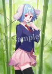  1girl bamboo bamboo_forest black_jacket black_thighhighs blazer blue_hair collared_shirt commentary_request commission cowboy_shot floppy_ears forest highres jacket long_sleeves looking_at_viewer nature necktie open_mouth outdoors pink_skirt red_eyes red_necktie reisen_(touhou_bougetsushou) sample_watermark shirt short_hair skeb_commission skirt solo thigh-highs tohoyuukarin touhou watermark white_shirt 