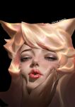  1girl 1other ahri_(league_of_legends) animal_ears artist_name black_background blonde_hair brown_eyeshadow cheek_squash close-up dated eye_glitter eyeshadow facial_mark fox_ears fox_girl hand_on_another&#039;s_cheek hand_on_another&#039;s_face highres k/da_ahri league_of_legends long_hair makeup open_mouth out_of_frame portrait red_lips simple_background solo solo_focus wavy_hair whisker_markings wutu_(1183238220) 